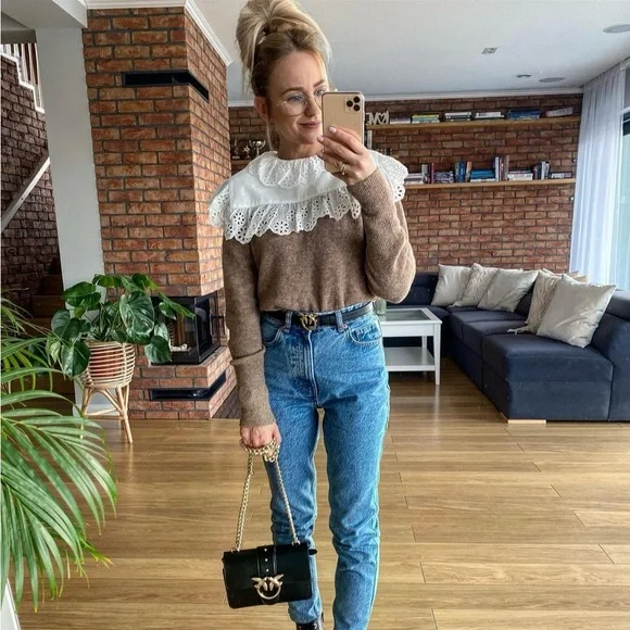 Zara sweater beige camel tan knitted collar lace - Picture 2 of 7